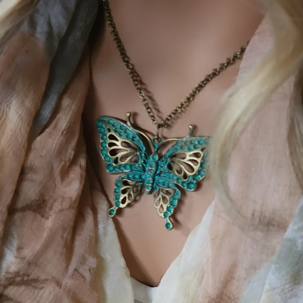Anthro Insects Jewelry Antique Gold Bronze Butterfly Large Pendant